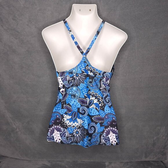 Paisley Print Tankini Top Cross-Back Straps Built-In Bra 2XL UPF50+ Blue - Picture 2 of 4